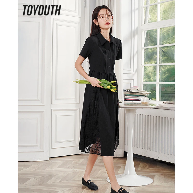 Toyouth Women Dress 2023 Summer Short Sleeve Polo Neck with Button A-shape Lace Stitching Jacquard Black Elegant Chic Skirt