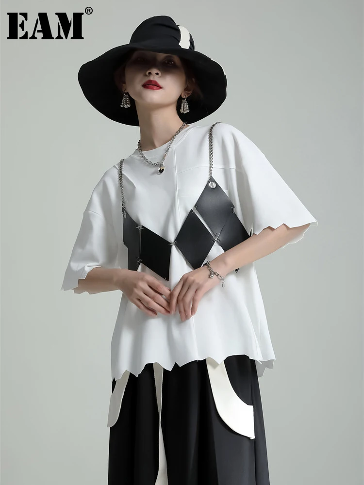 

[EAM] Women White Irregular Hem Casual Brief T-shirt New Round Neck Half Sleeve Fashion Tide Spring Summer 2022 1DE7162