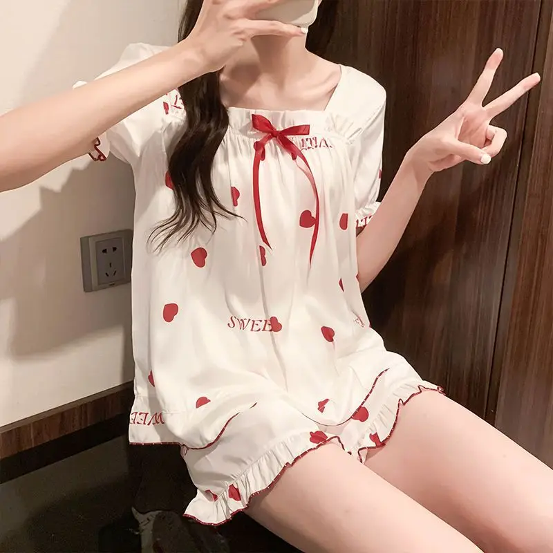 Pajamas Women's Summer Thin Short-sleeved Two-piece In Style Sweet and Cute Girl Home Suit Comfortable and Breathable Sleepwear