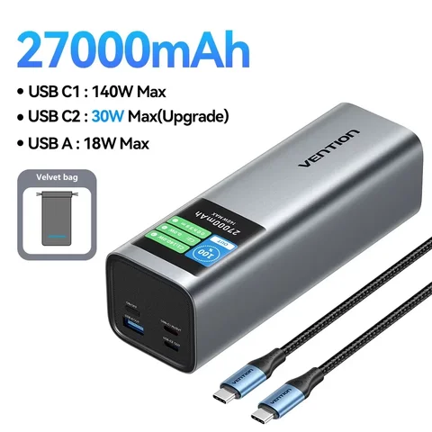 Vention 27000 мАч PD3.1 140 Вт PowerBank Портативный внешний аккумулятор Power Bank для ноутбука Macbook iPhone 17 16 Быстрая зарядка
