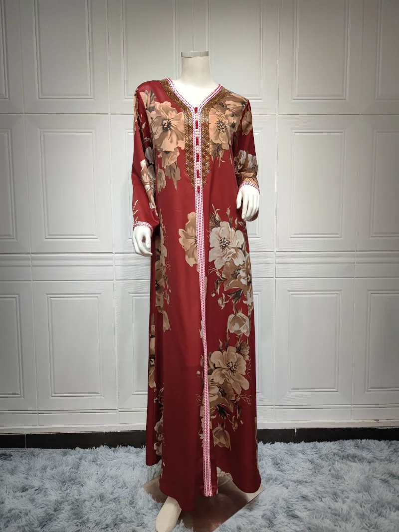 Muslim Elegant Summer Women Long Sleeve V-neck Polyester Green Purple Blue Long Abaya Maxi Dress Muslim Fashion Dresses