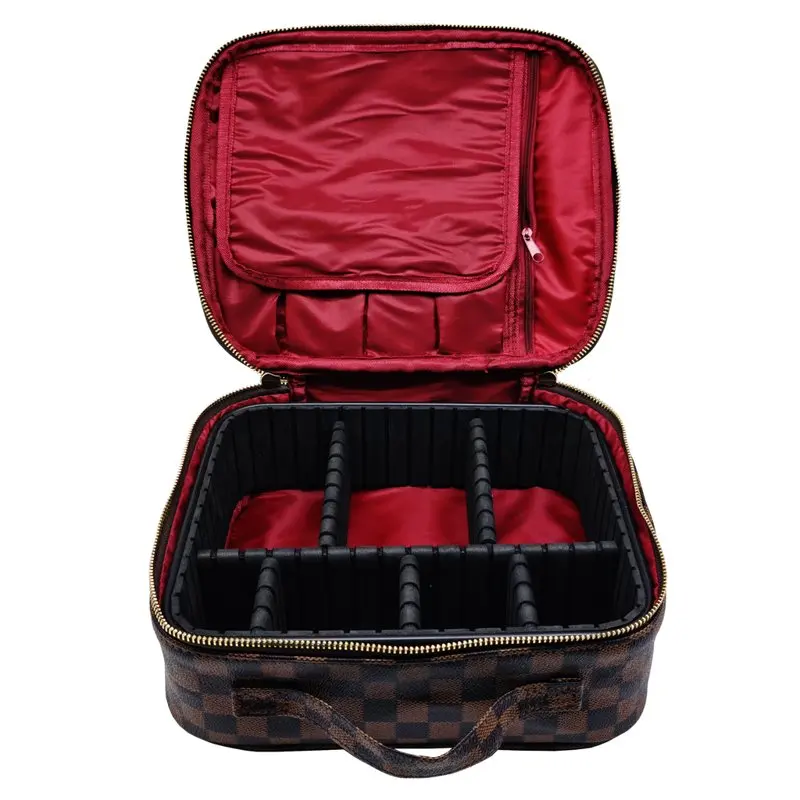 Checkered Makeup Organizer Cosmetic Bags Woman Portable Toiletry Travel Bag with Adjustable Partition For Tools , Jewelry ,Brown