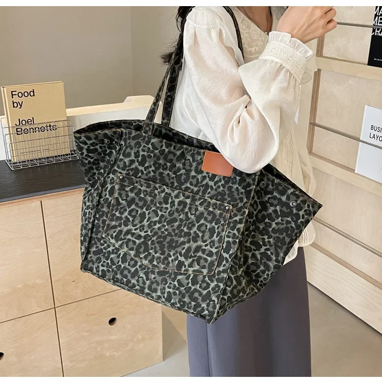 Big Capacity Handbag for School Work Shopping Leopard Print Canvas Tote Bag Women 2025 Fashion Original Design Commuter