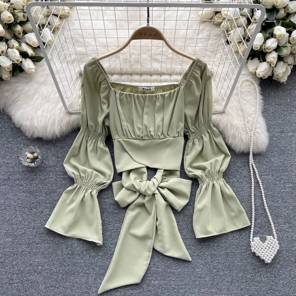 

Новинка осень чистый стиль Desire короткий топ с длинными рукавами Корейская версия с квадратным воротником стройнящий топ на шнуровке сзади ...