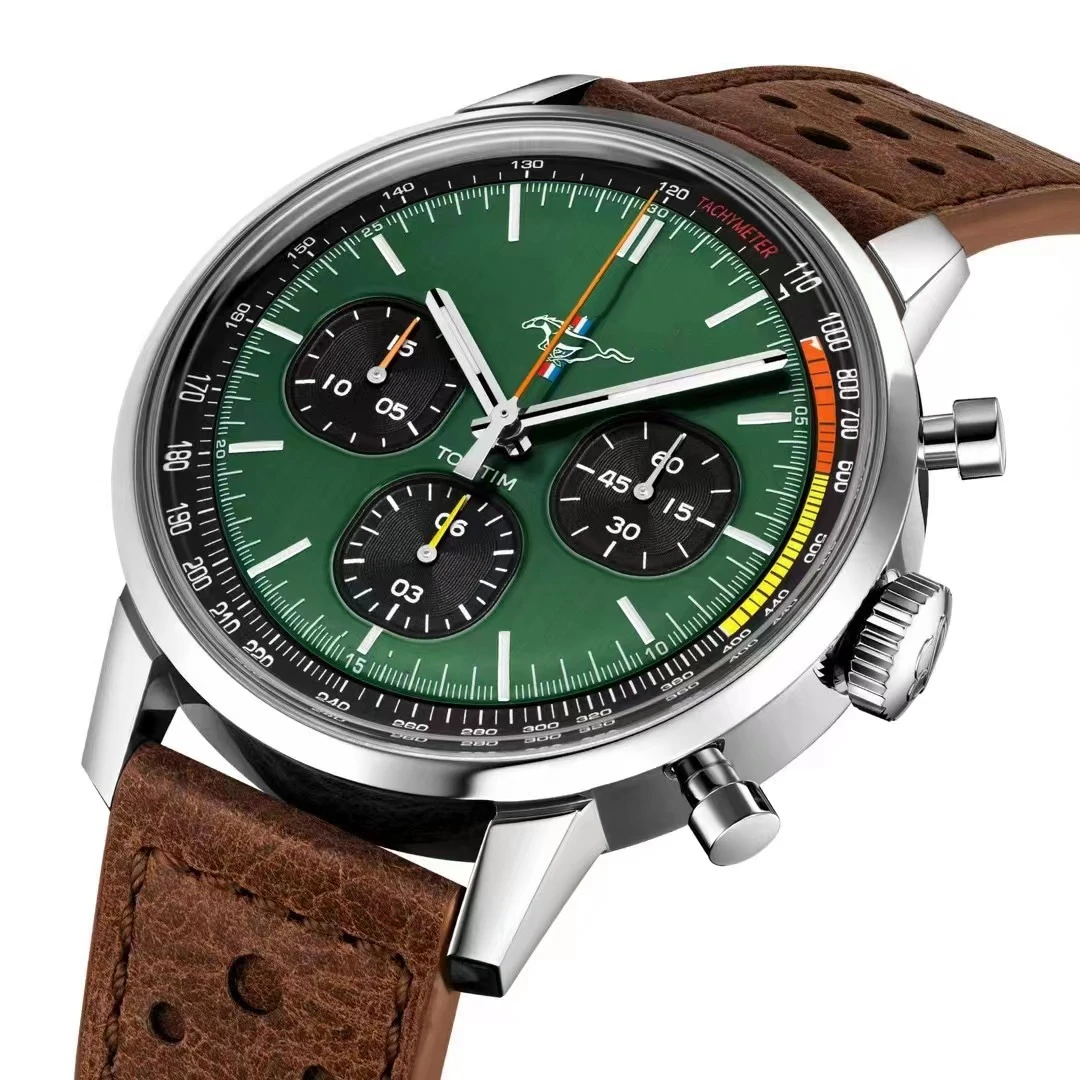 

2023 Luxury New Mens Quartz Chronograph Watch Stainless Steel Brown Leather Sapphire Green Red Dial