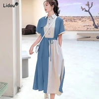 korean young style patchwork solid color short sleeve empire belt dresses fashion summer turn down collar button womens clothes