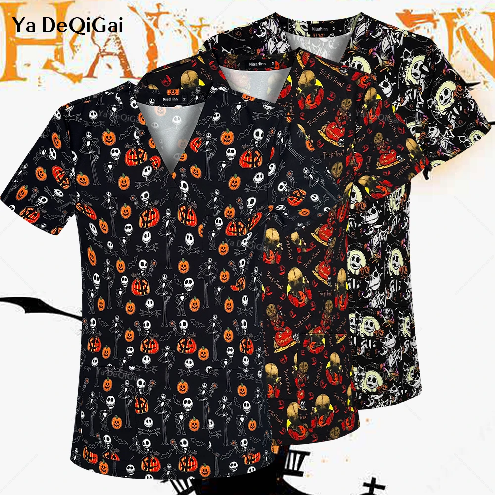 

Блузка эластичная с принтом на Хэллоуин, униформа медсестры, скрабы, топы с 3 карманами, рубашки с коротким рукавом, медицинская блузка с эффектом потертости