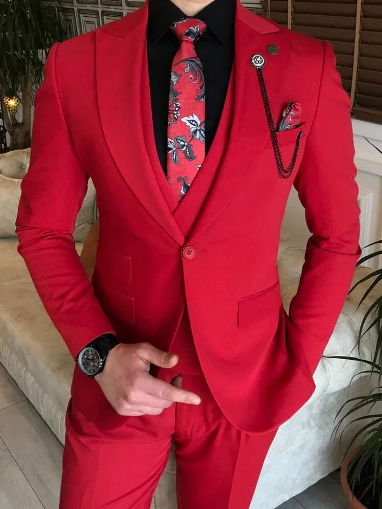 

Красный Модный мужской костюм с заостренным лацканом, официальный костюм для жениха на выпускной вечеринку, костюм из 3 предметов, смокинг для жениха на свадьбу, свадьбу, (пиджак + жилет + брюки)