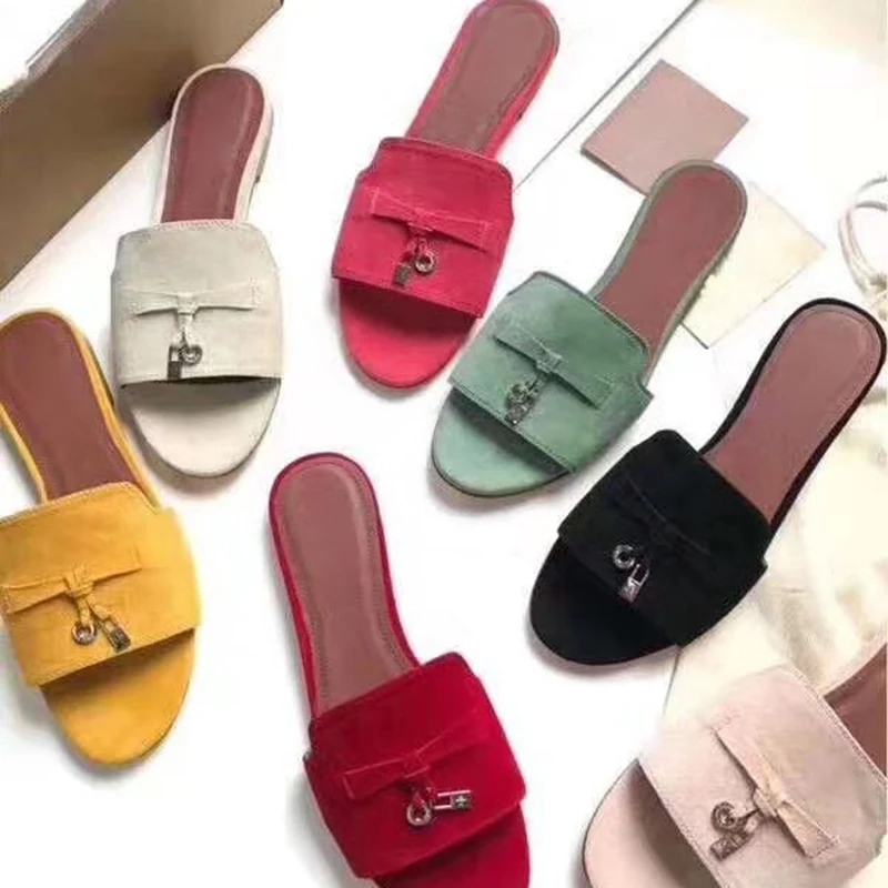 Ostrich Leather Flat Slippers Women Metal Lock Casual Mules Ladies Flip Flops Flat Sandals Slip On Beach Slides Woman Slippers
