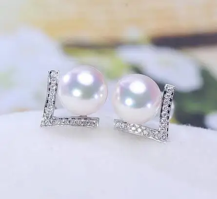 

1pair DIY accessories S925 Sterling Silver Micro inlaid 8-9mm Pearl V word Earrings zircon Earrings Jeweller