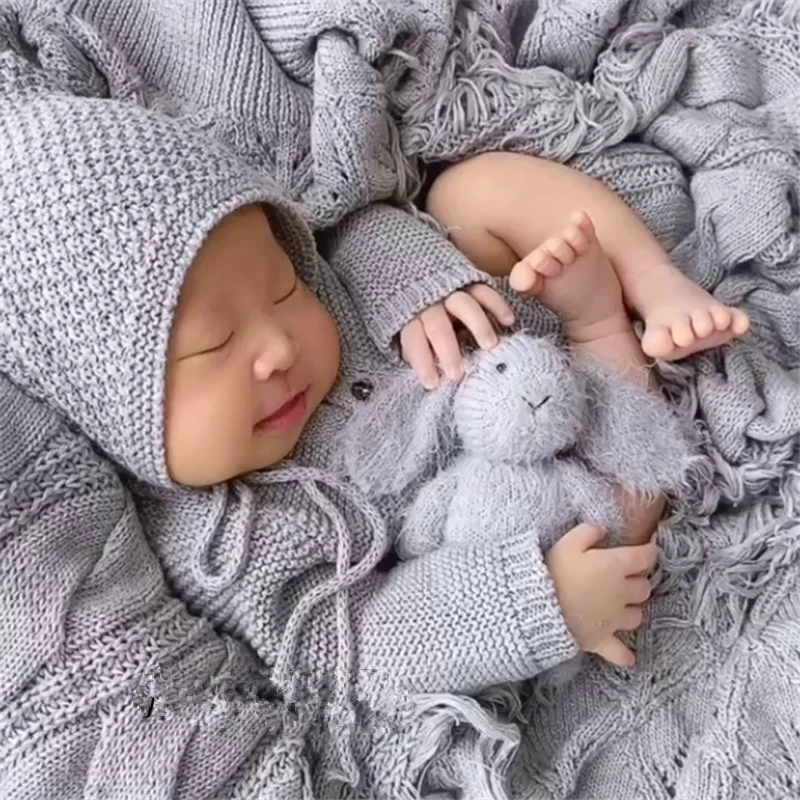 Newborn Baby Photography Props Cute Knitting Outfits Hats Wrap Tassel Blanket Backdrop Fotografia Studio Shooting Photo Props enlarge