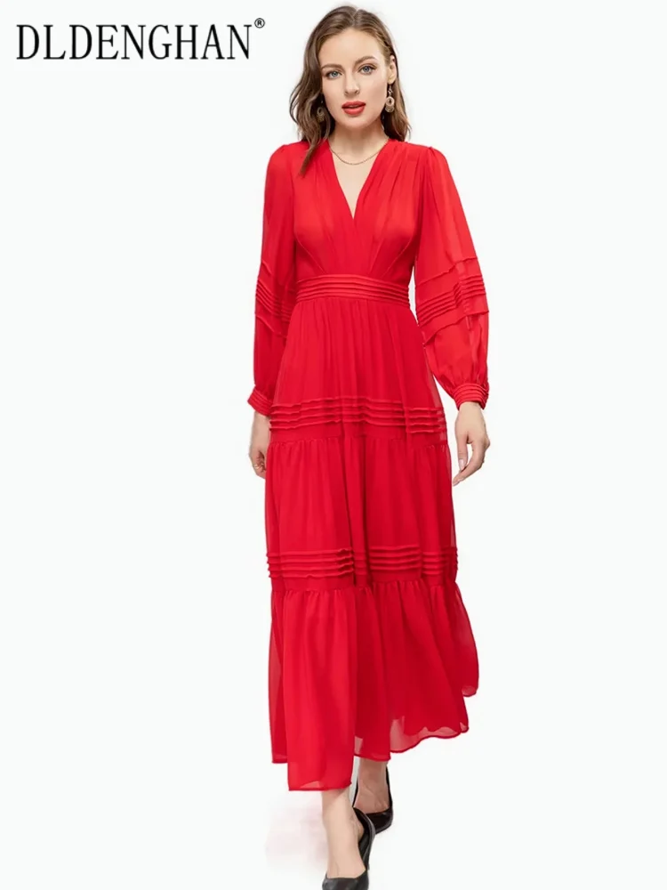 

DLDENGHAN Spring Summer Women Dress V-Neck Lantern Sleeve High Waist Solid Color Vintage Party Long Dresses Fashion Runway New