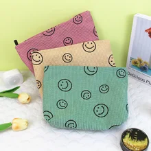 Women Girls Corduroy Smile Face Printed Makeup Pouch Cosmetic Bag for Travel Daily Use