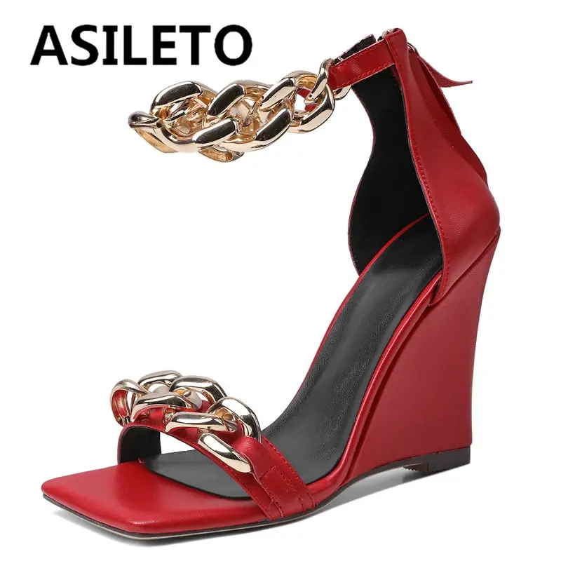 

ASILETO Fashion Women's Sandals Square Toe Cover Heel Wedges Metal Decoration Big Size 35-40 Solid Red Black Party Sexy S4004