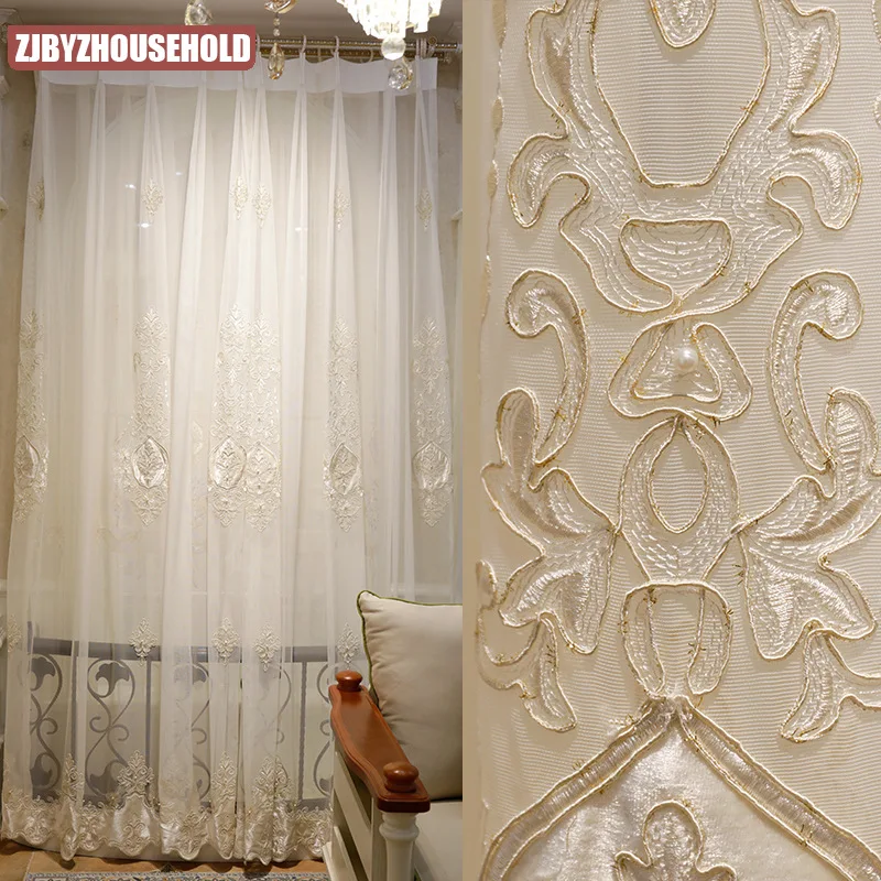 

European Royal High Quality Elegant White Embroidered Voile Curtain For Living Room Luxury Custom Classic tulle For Bedroom