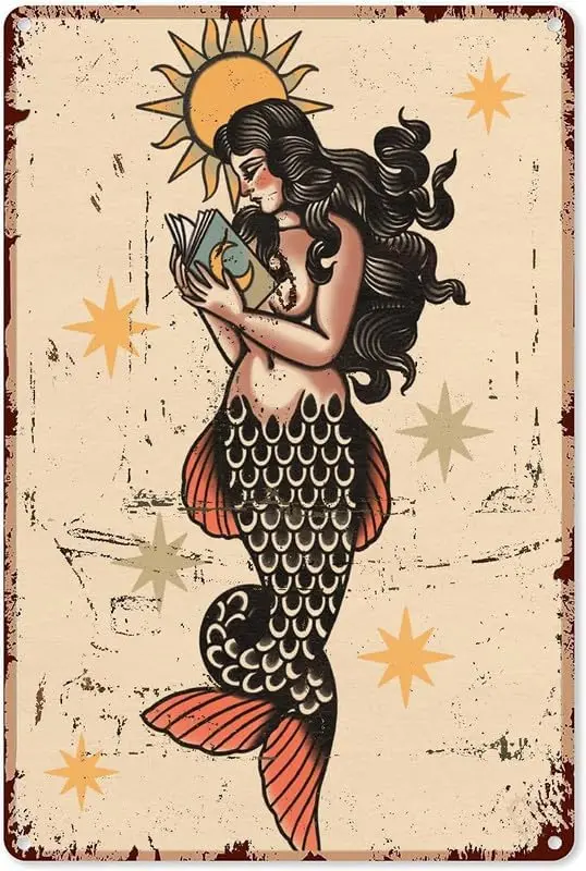 Vntge Metl Plque Mermd Decoons для спальни Redng Book Tn Sgn Плакат Wll Decor Gft Py Outor 8x12 nch