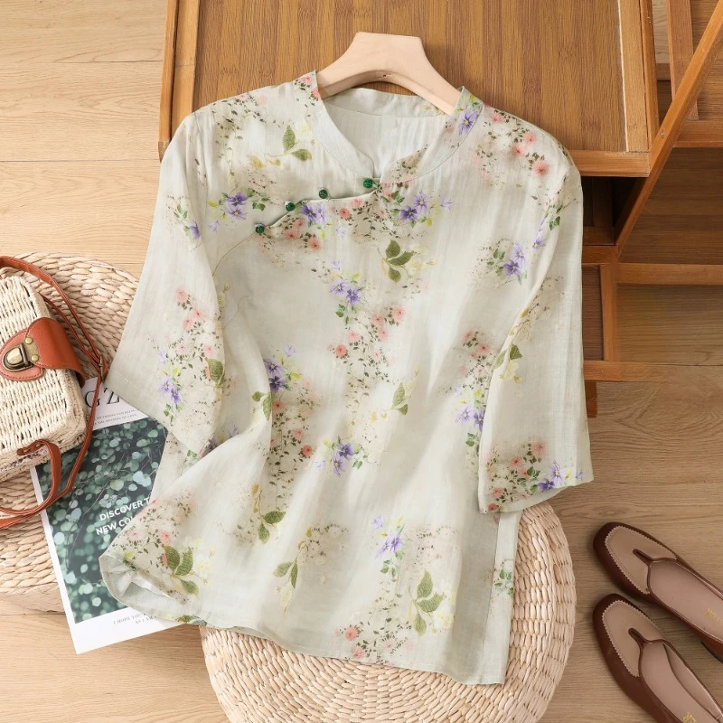 

Chinese Style Women's Shirts Cotton Linen Vintage Blouses Summer 2023 New O-neck Prints Clothing Loose Short Sleeves Tops