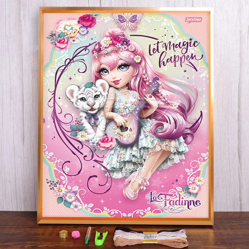 

Cartoon Girl Unicorn Horse Tiger Printed Water-Soluble Canvas 11CT Cross Stitch Embroidery Set DMC Threads Knitting Magic
