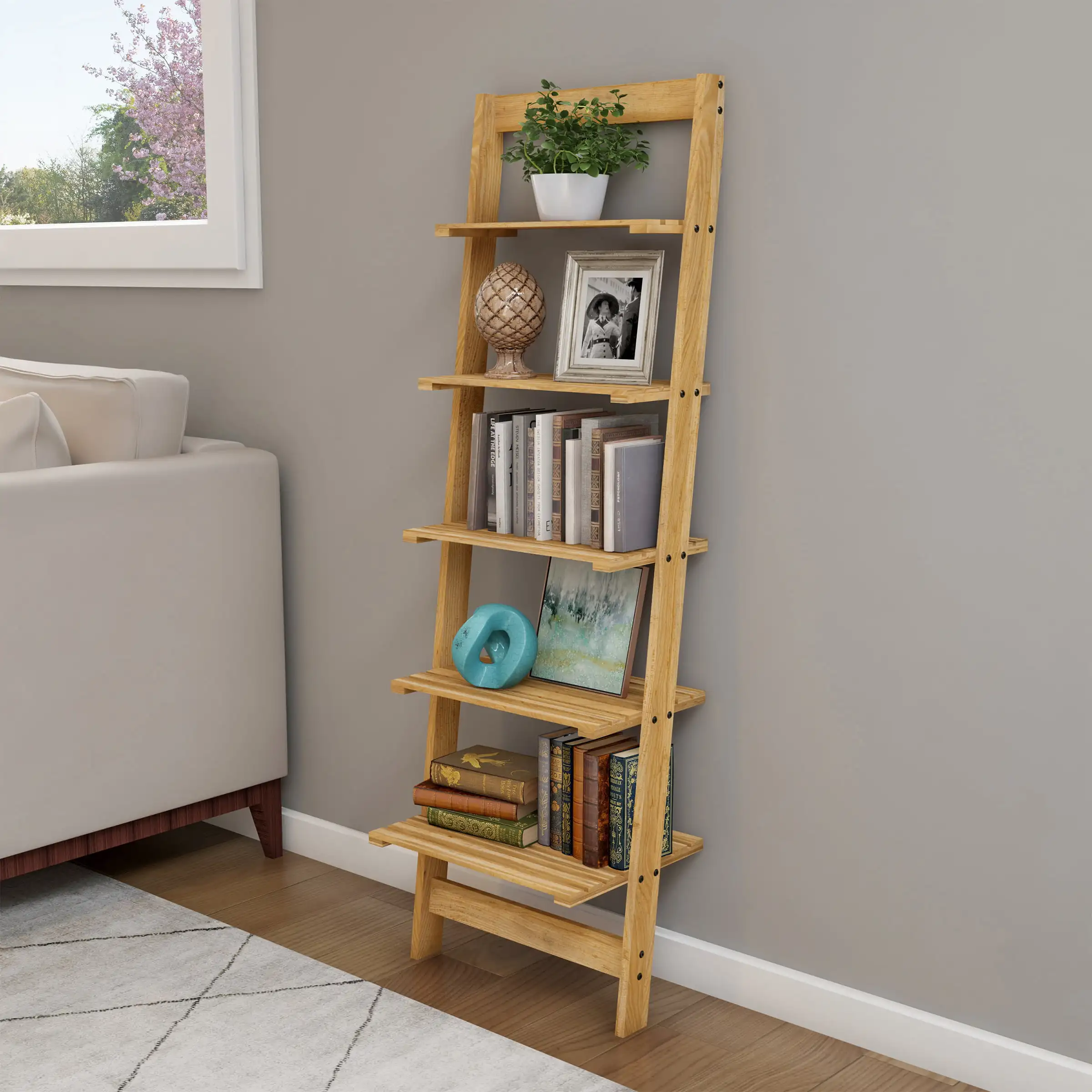

L5-Tier Ladder Shelf –Leaning Book Case – Bookshelf for Bedroom,Living Room,or Kitchen Shelving – Home Décor by Lavish Home(Oak)