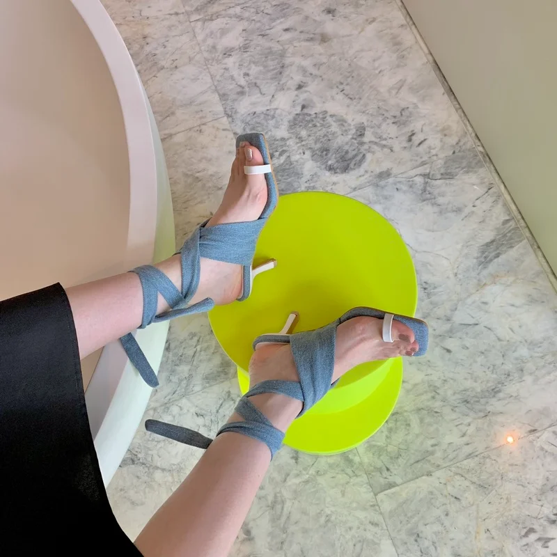 

New summer women sandals narrow band Heteromorphic heel Square head Cross strap high heels sandals lady rhinestone shoes