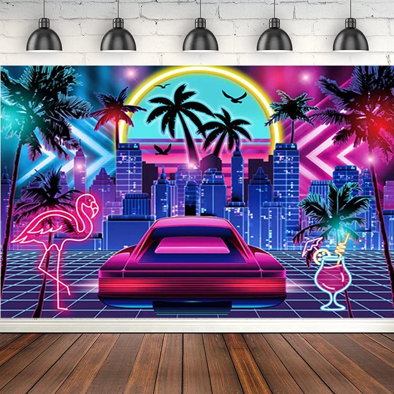 

Photography Backdrop For Retro 80s Summer Disco Style Birthday Party Tropical Neon City Flamingo Palm Tree Decor Background