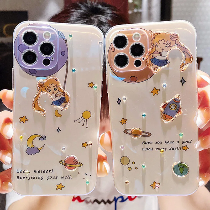 

Sailor's Moonss Blu-ray Rhinestones Phone Cases For iPhone 13 12 11 Pro Max Mini XR XS MAX X Back Cover