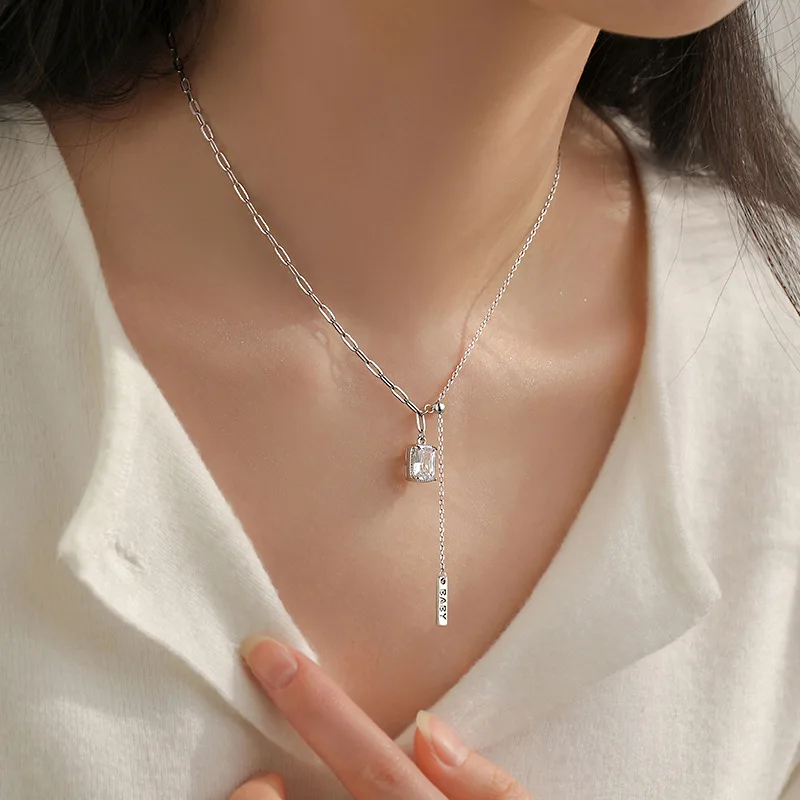 

New 925 Sterling Silver Necklace Fringed Square Diamond Drop Charm Necklaces Charming Birthday Gift Ladies Fashion Jewelry