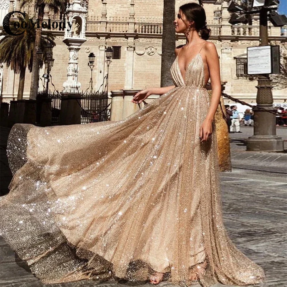 

Coomelody Sequins V-neck Spaghetti Strap Luxury Shining Prom Evening Dresses Backless A-line 2023 Vestido De Noite Custome Made