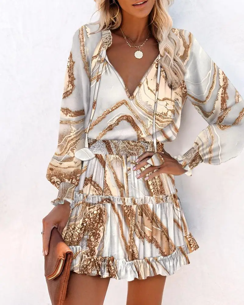 

Women Waisted Dress Fashion Long Sleeve Dress Spring Summer V Neck Print Mini Dress