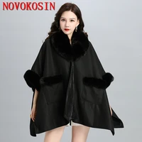 6 color 2022 black winter velvet warm capes batwing sleeves loose cloak poncho women faux rabbit fur streetwear coat with pocket