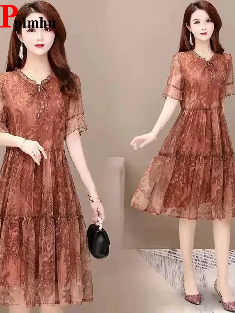 

Big Size Summer Floral Women's Dress Boho Slim A-line Vestidos Mid Length Dresses Korean Elbise Vintage Short Sleelve Vestido
