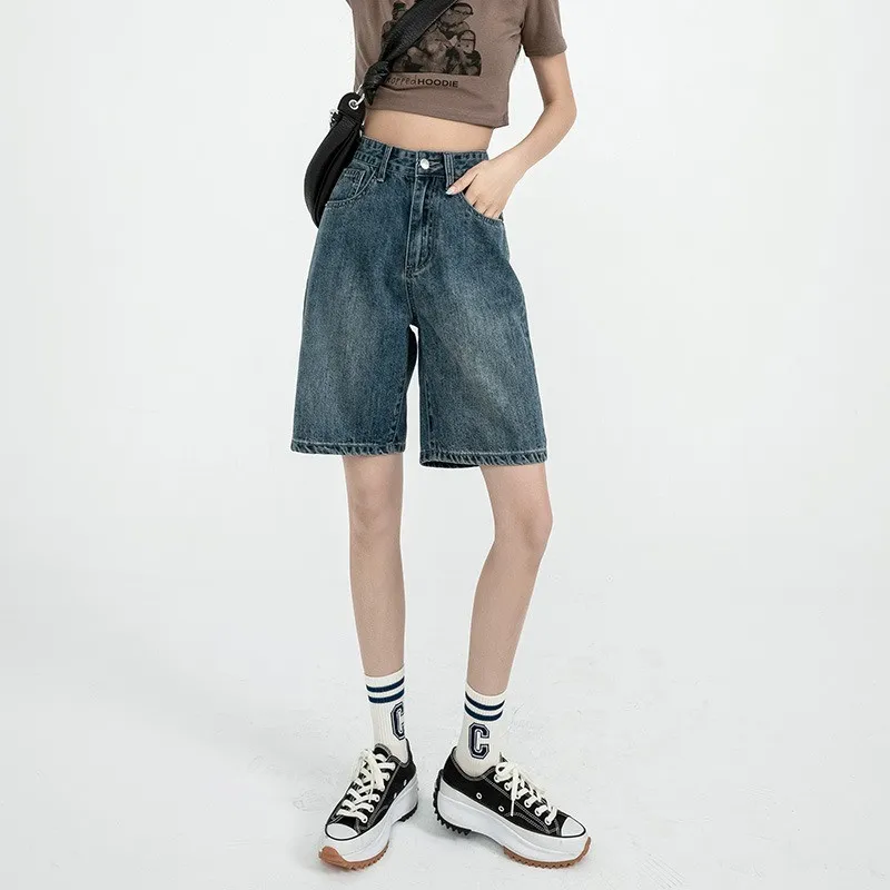 ZHISILAO Solid Knee-length Denim Shorts Women Boyfriend Casual High Waist Wide Leg Shorts Jeans Summer 2022