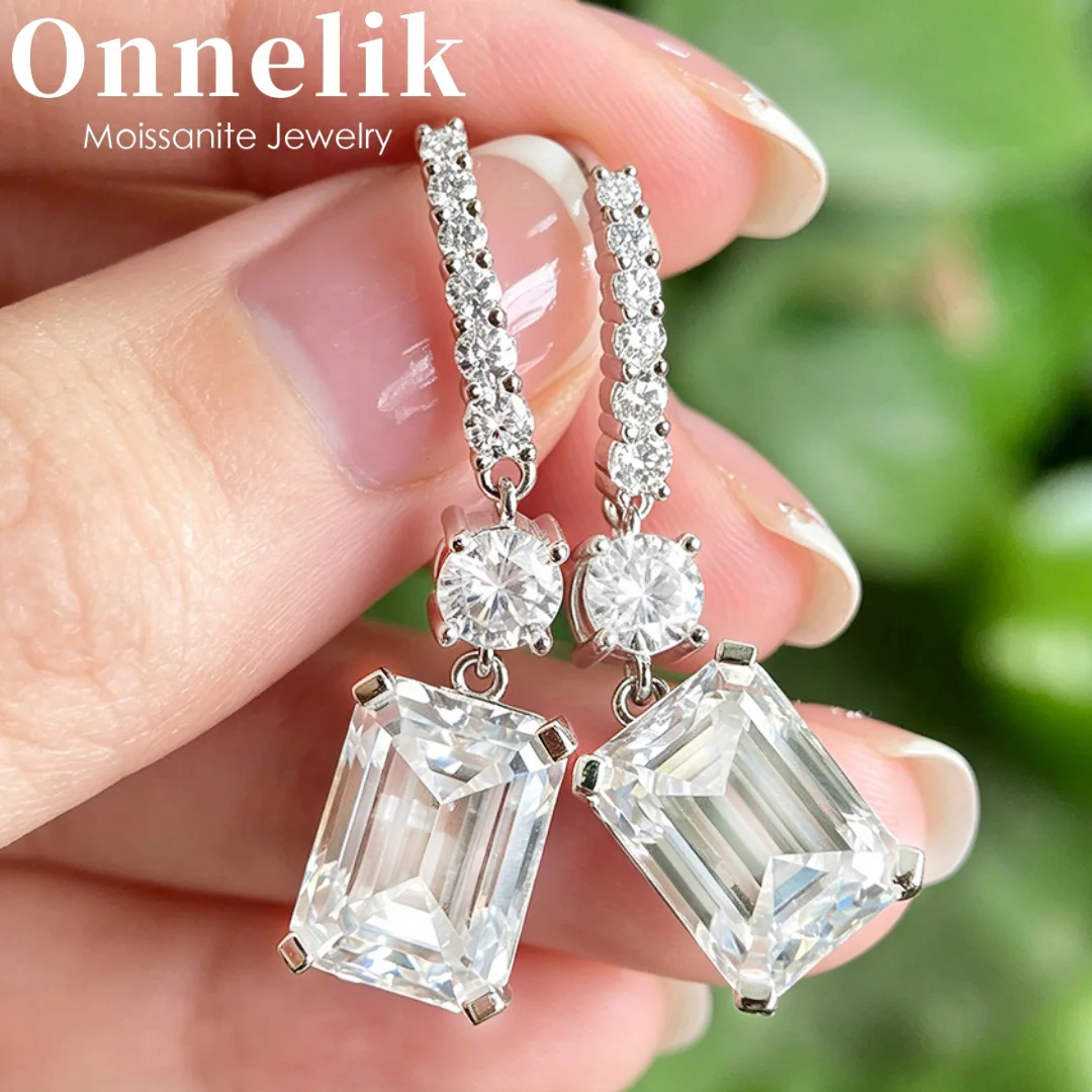 Фото Серьги Onnelik из стерлингового серебра S925 с муассанитом 4,5 карата различных форм, с сертификатом, подвеска-хало круглой/изумрудной огранки, ювелирное изделие высокого качества. №1