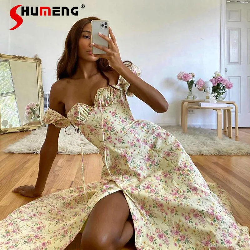

2022 New Women's Summer Hot Fashion Puff Sleeve Floral Tie-Neck High Slit Long Dress