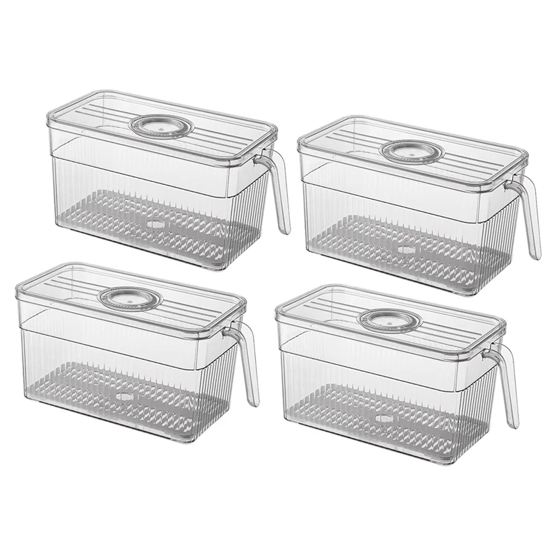 

Fridge Organizer with Freshness Timer Lid, Stackable Refrigerator Organizer Bins with Front Handle and Drain Tray 4Pack