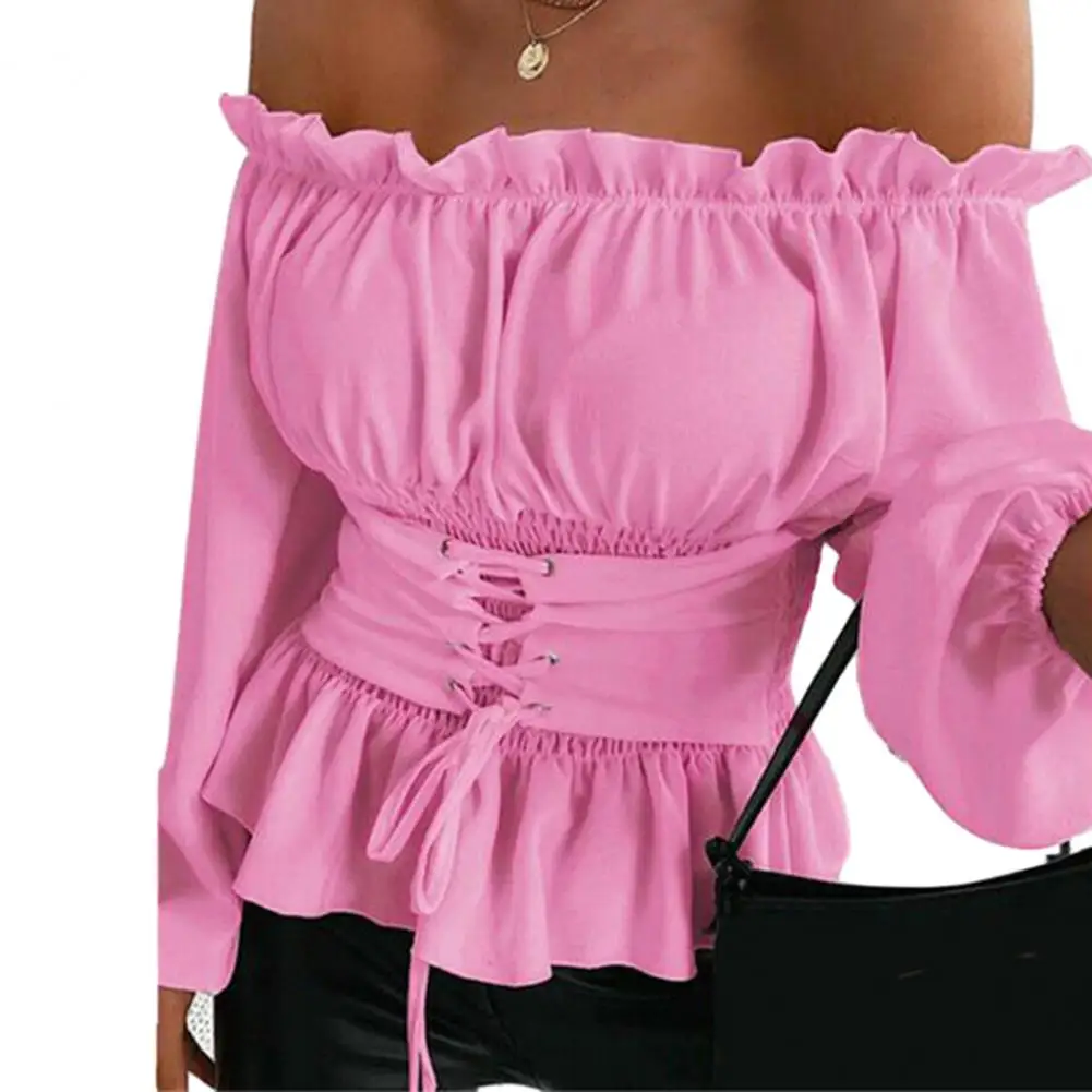 

Fall Shirt Women Blouse Shoulderless Shirring Ruffle Backless Tight Waist Lace Up Long Lantern Sleeves Solid Color Lady Top