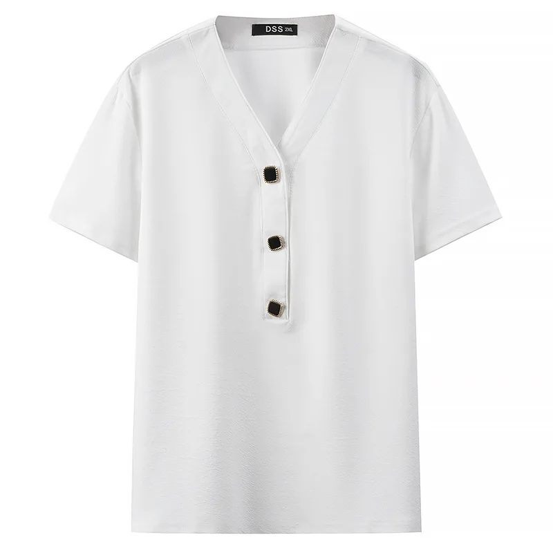 

Plus Size Women T Shirt 2022 Button Summer Tees Casual Three Buttons V-Neck Knitting Loose Short Sleeve Tops