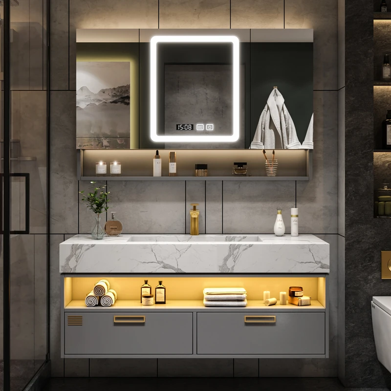 

Customized Light Luxury Bathroom Stone Plate Whole Washbin Washstand Wash Basin Smart Bathroom Cabinet Combination
