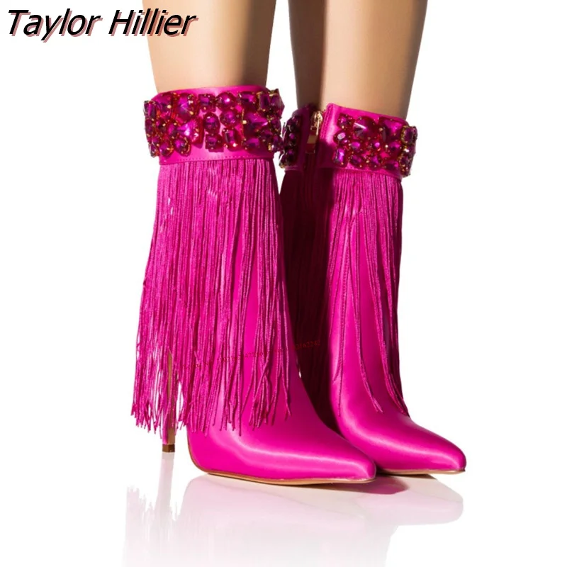 

2023 New Rhinestone Tassel Short Boots Feminine Pointy Toe Stiletto Side Zipper Fashion Boots All-Match Nightclub Catwalk Boots