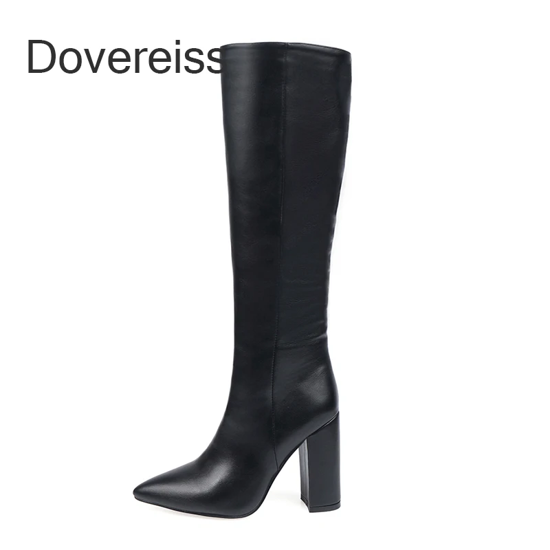 

Dovereiss Winter White Woman New Fashion Knee High Boots Sexy Red New Pointed Toe Block Heels Big Size 40 41 42 43