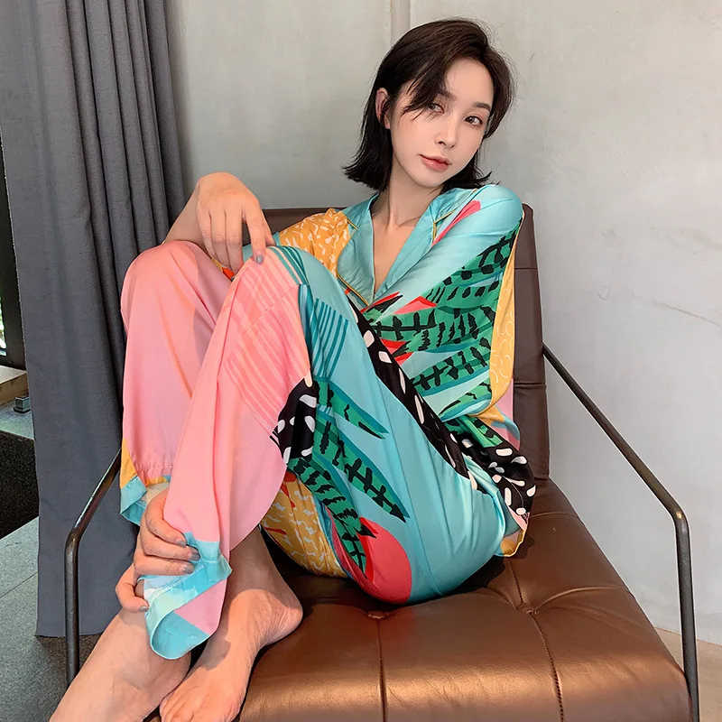 Autumn New Plant Print Satin Pajamas Set Women's Home Wear Long Sleeve Elastic Waist Temperament Sleepwear Two Piece Pajama Set