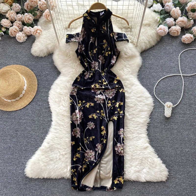 

Национальное летнее женское платье с открытыми плечами и воротником, великолепные платья с разрезом и принтом для отдыха на море