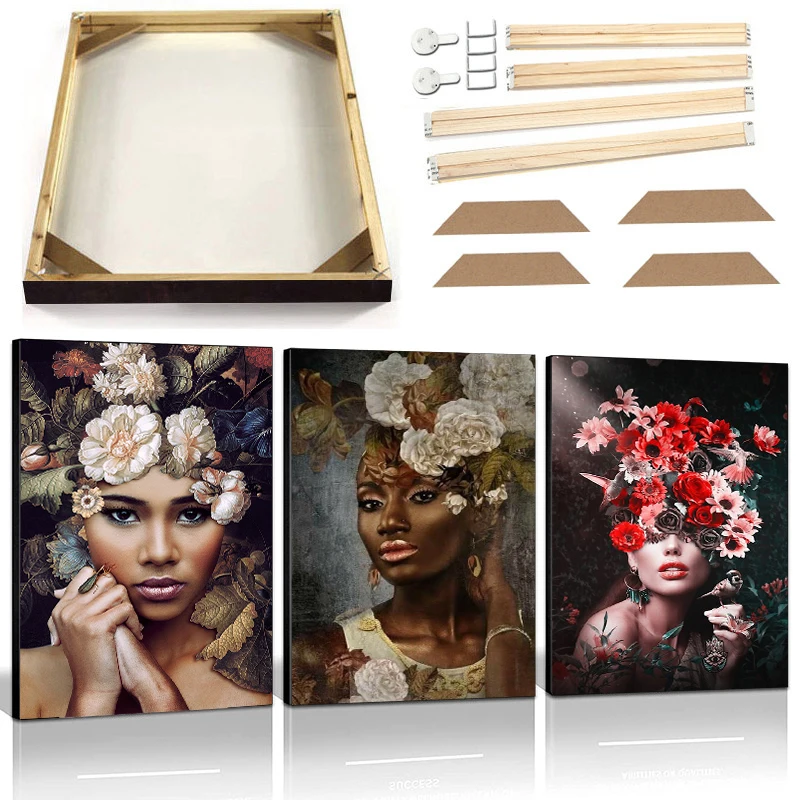 

Flowers Woman Abstract Art Canvas Picture with Frame Modern Abstract Black Frail Poster Prints Figure Picture for Living Room