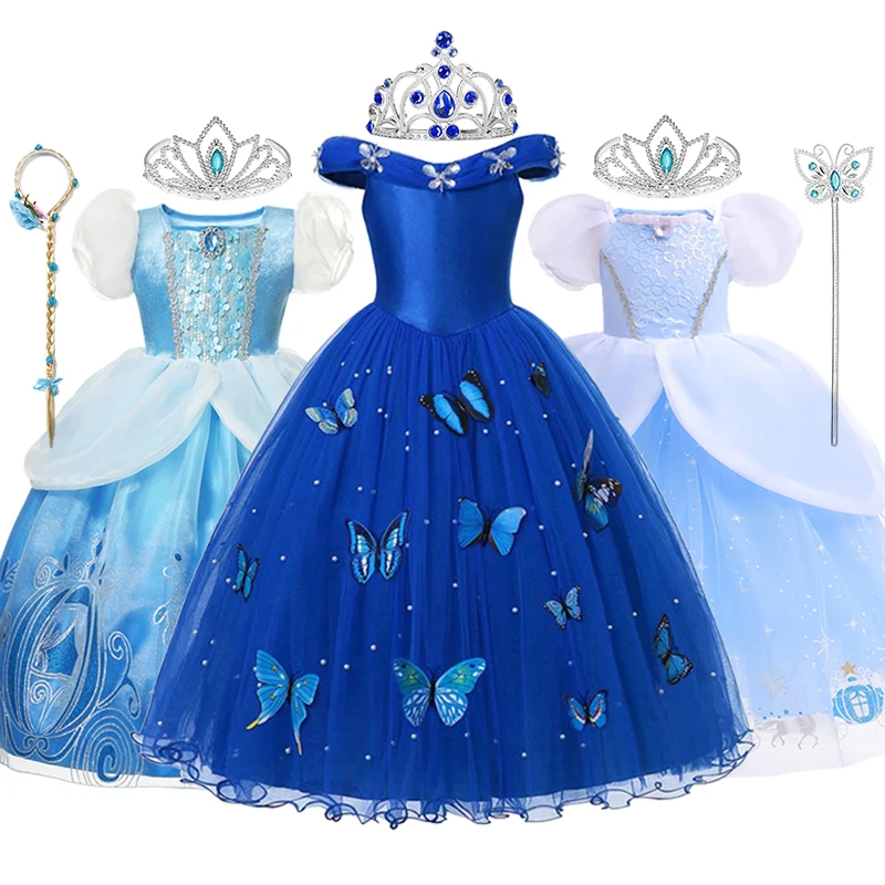 Disney Cinderella Princess Costume for Girl Pageant Ball Gown Kids Off Shoulder Beads Tulle Dress Up Halloween Birthday Clothes