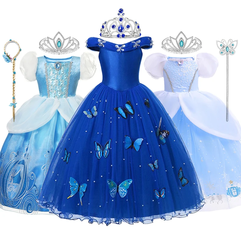

Disney Cinderella Princess Costume for Girl Pageant Ball Gown Kids Off Shoulder Beads Tulle Dress Up Halloween Birthday Clothes