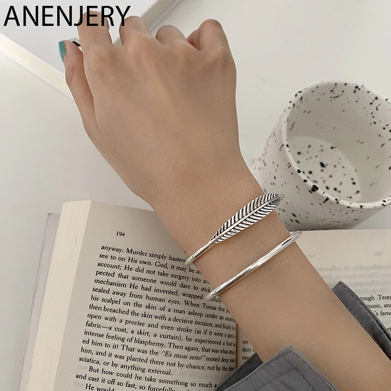 

DAYIN S925 Stamp Silver Leaves Bracelet For Women Geometric Simple Open Cuff Bangle Gifts S-B503