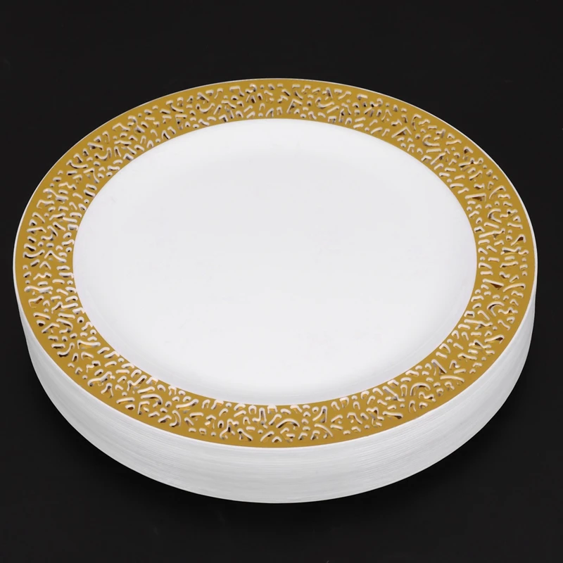 

Золотые одноразовые пластиковые тарелки-кружевные дизайнерские пластиковые тарелки для свадебной вечеринки, золотые кружевные тарелки, т...