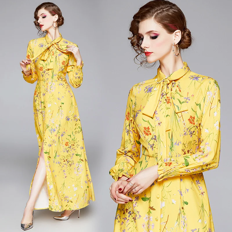 

New Slim Slim Fashion Versatile Colorful Printed Waist Closing Swing High end Open ended Lace up Dress Women's Dress