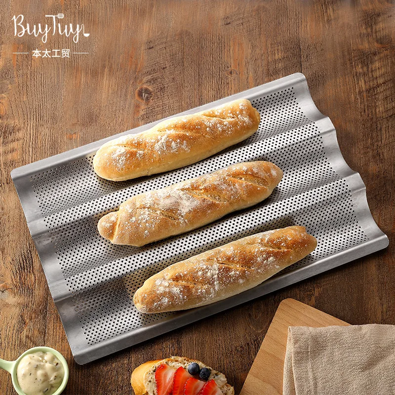 

Thickened punching three-slot French baguette baking tray non-stick 3 French bread rack wave baguette mold cake mold baking pan
