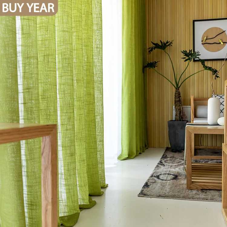 

Modern Curtains for Living Dining Room Bedroom Simple Big Belly Hemp Screens Solid Color Blinds Green Tulle curtains Custom Made